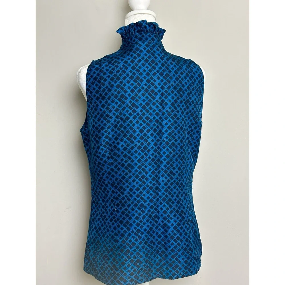 Tory‎ Burch Blue Black Geometric Ruffle Collar Sleeveless 100% Silk Blouse-Sz 8